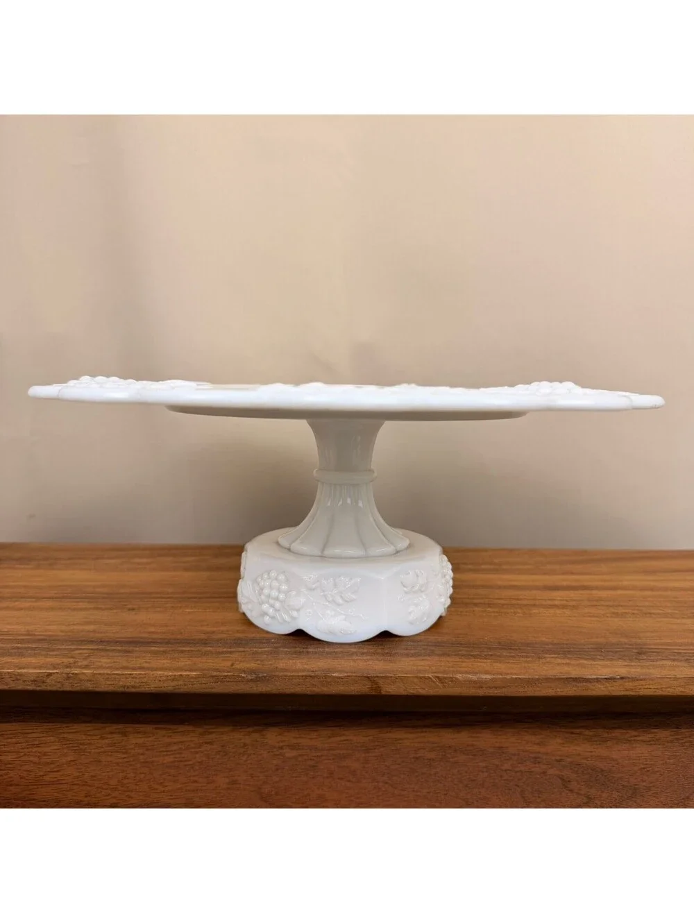 Vintage Westmoreland White Milk Glass Pedestal Cake Stand Paneled Grape & Leaf
